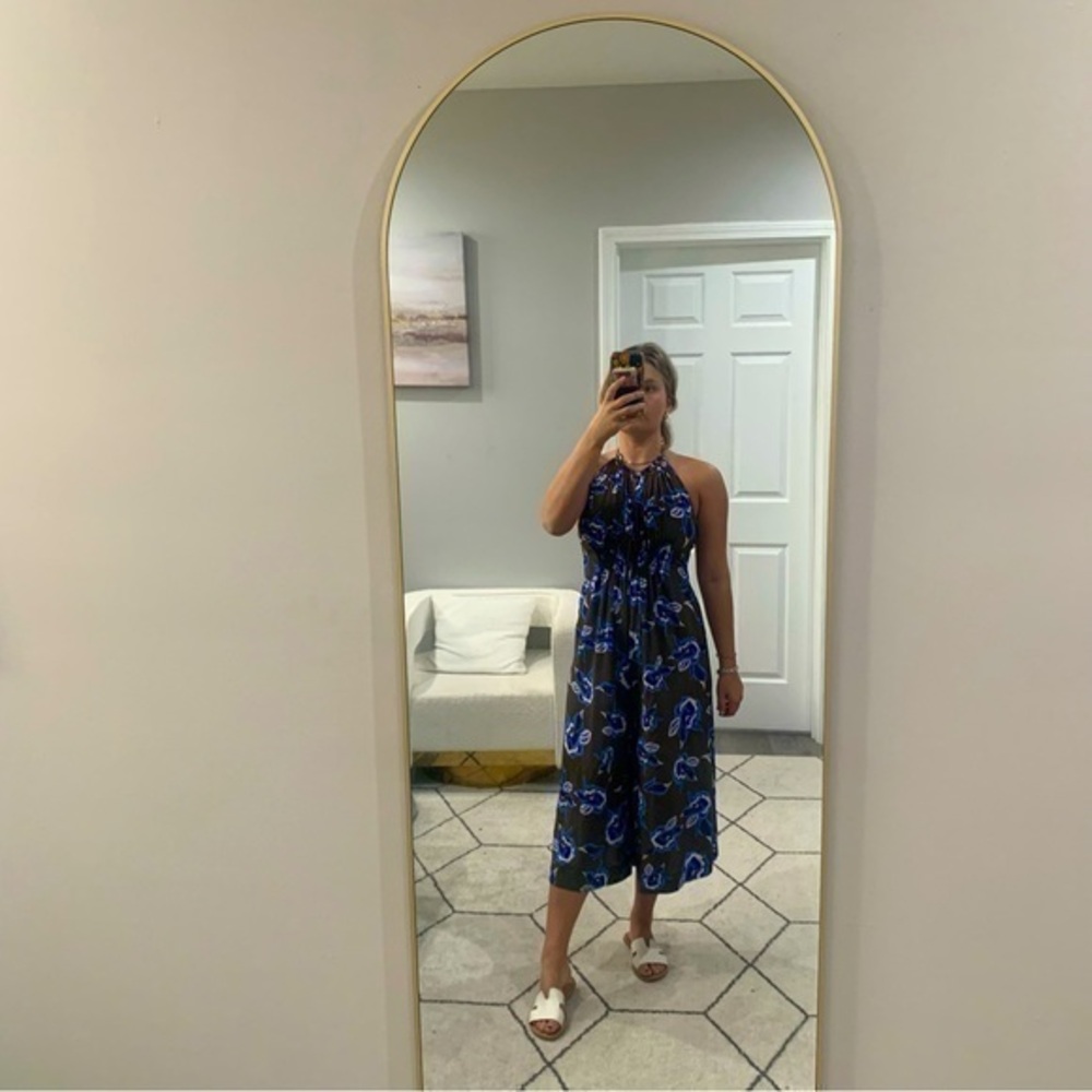 ✅ Diane Von Furstenberg Jumpsuit Wide Leg Halter in Blue Olive Green Floral Silk